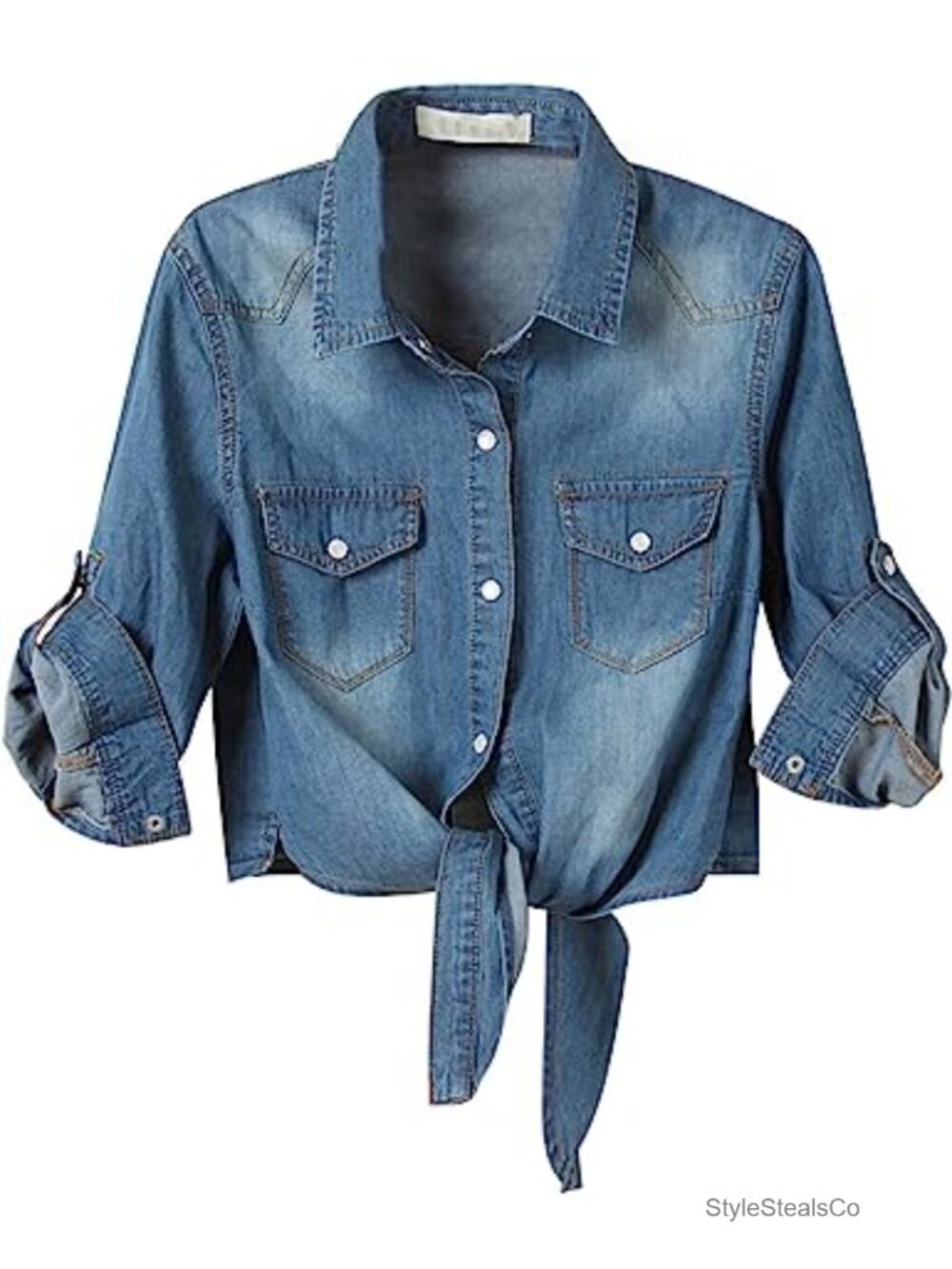 Tie Front Crop Top Button Down Denim Shirt 3/4 Sleeve